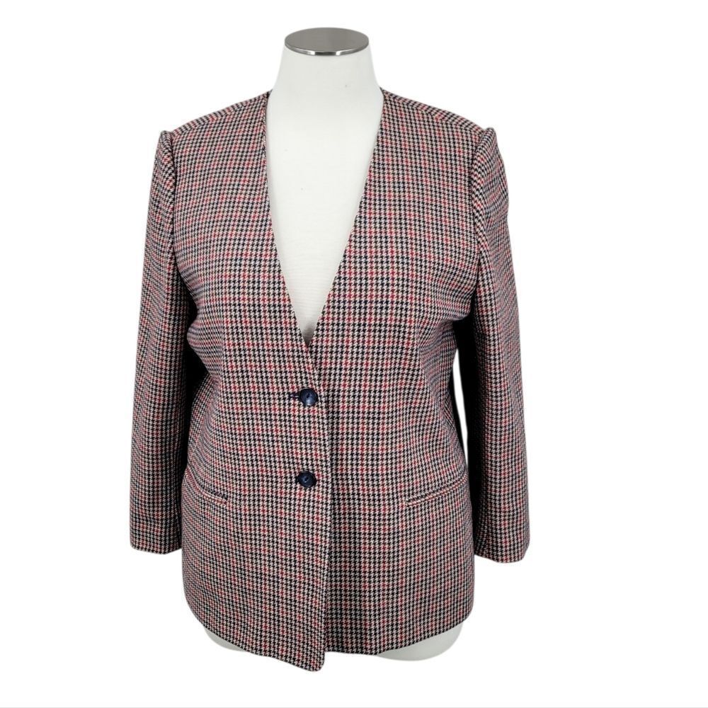 Leslie Fay Vintage Wool Blend Women's Houndstooth Blazer Navy Tan and Red